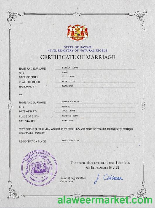 Hawaii marriage certificate PSD template